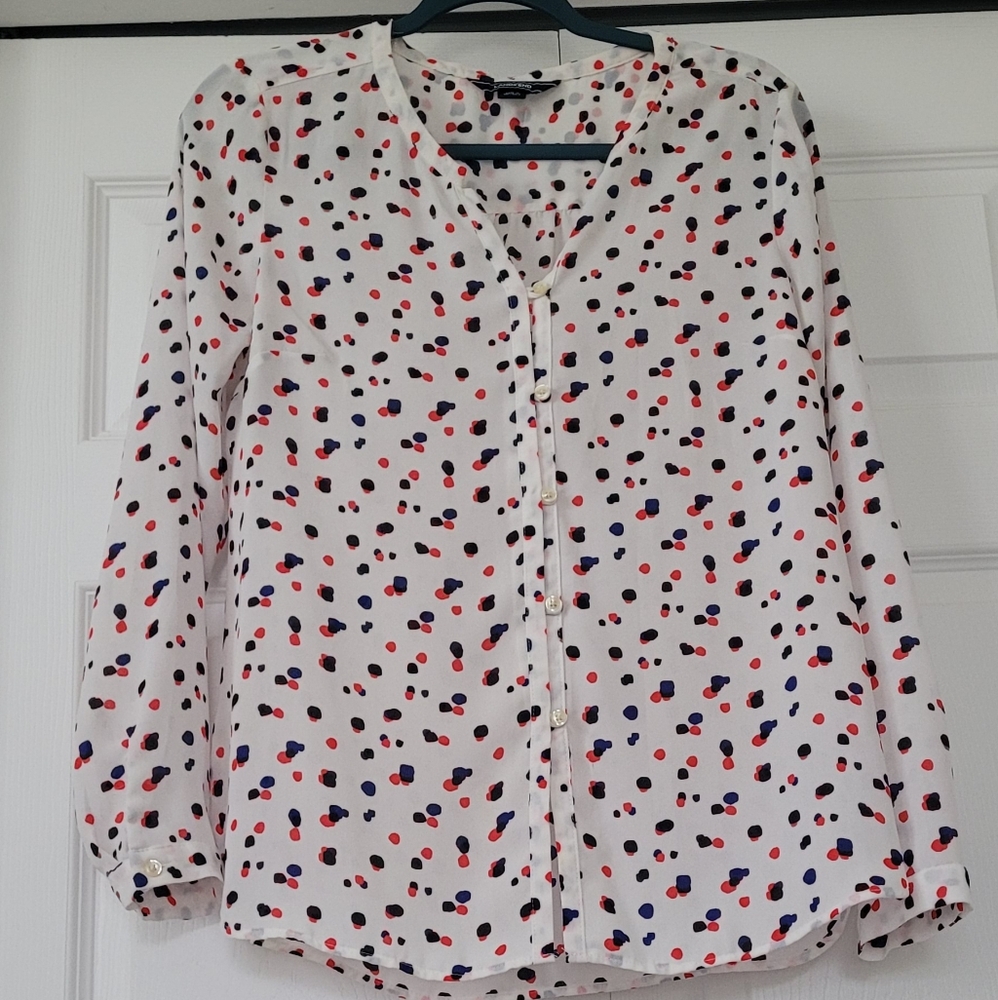 Lands' End White Blouse with Red and Blue Dots